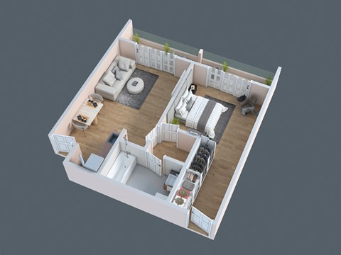 a 3d floor plan of a home with a bedroom and a living room